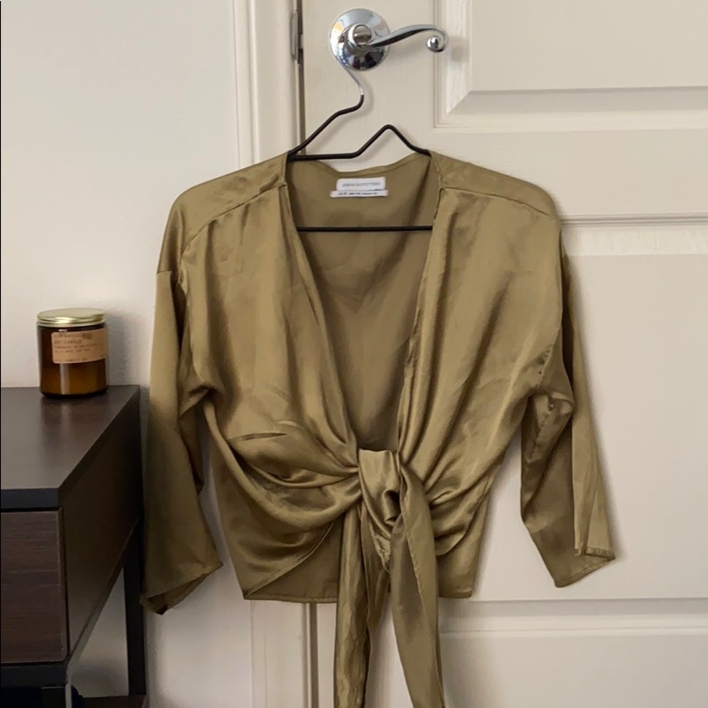Green satin wrap blouse